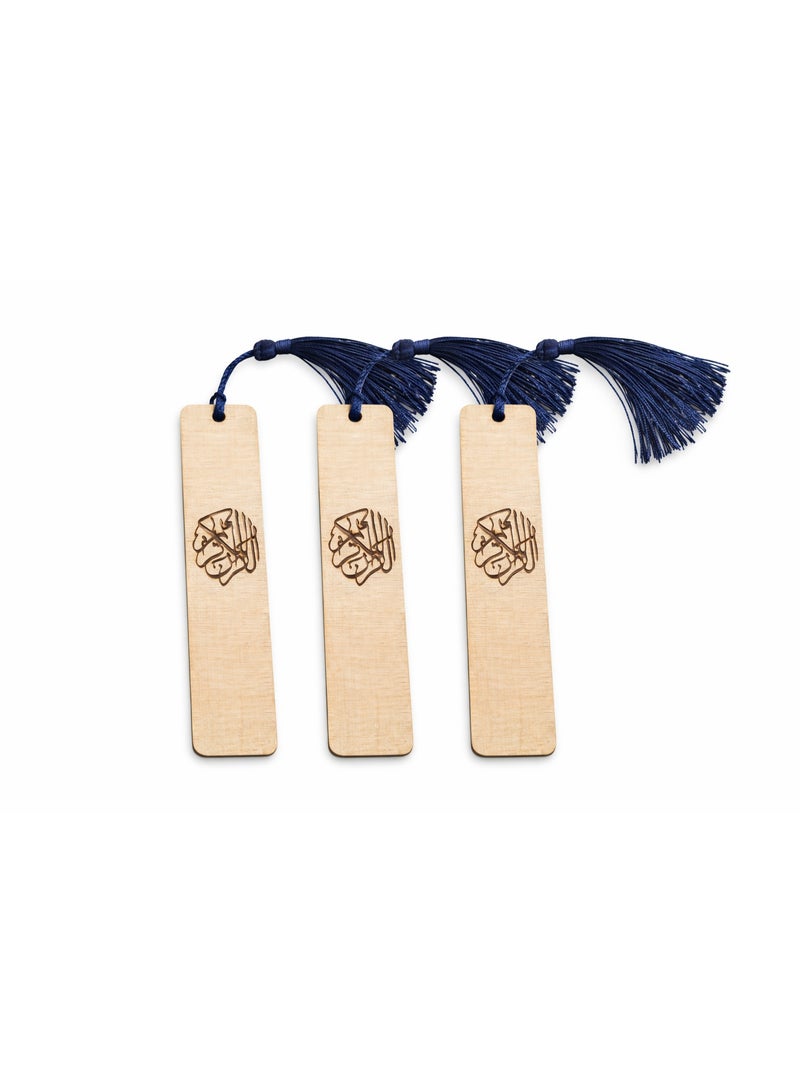 Qari Elegant Wooden Bookmark with Arabic Calligraphy Engraving & Navy Tassel For Quran (3 Pc) - Image 1